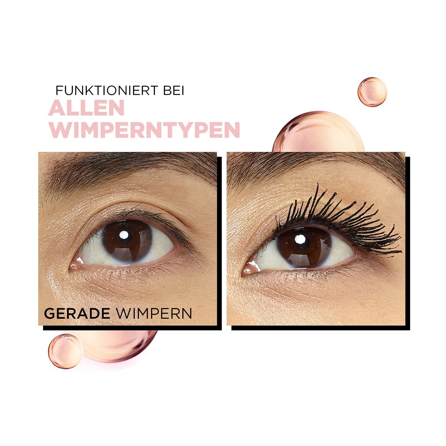 Augenbereich einer jungen Frau mit Lash Paradise Black Mascara - vorher / nachher Vergleich